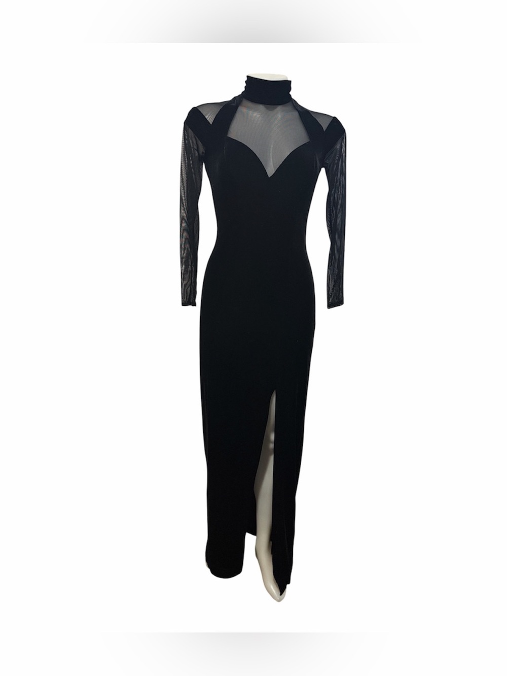 Tadashi vintage 90s black sheer long sleeve velvet body maxi dress XS